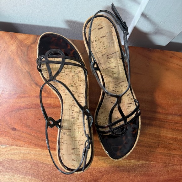 Stuart Weitzman Wedge Sandals Black Patent Cork Strappy Women's Size 7.5 - Picture 3 of 14